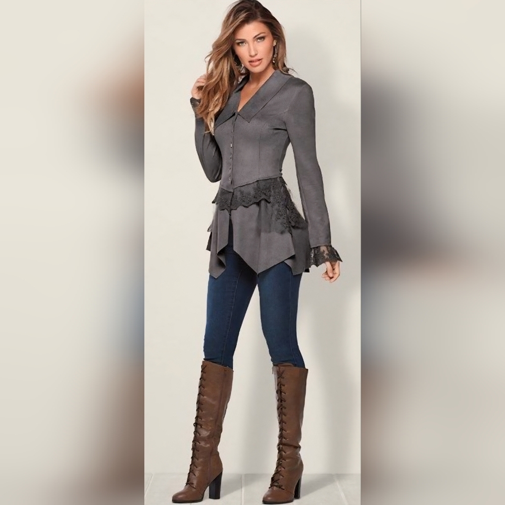 VENUS Gray Victorian-Inspired Blazer with Peplum Waist